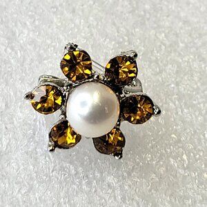 Mini pearl brooch with citrine yellow clear rhinestones